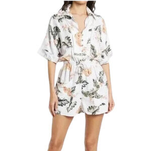 BLANKNYC White Linen Romper Garden Party Tropical Print Cinched Waist Women's Lg